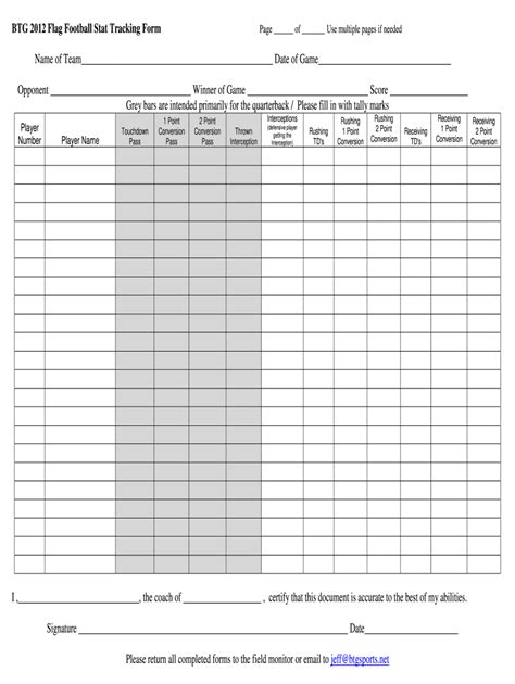 2012-2026 BTG Flag Football Stat Tracking Form - Blank Fillable ...