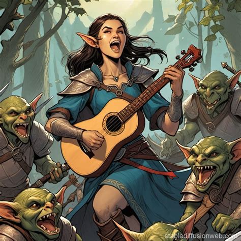Half-Elf Bard Defending Herself Against Goblins | Stable Diffusion Online