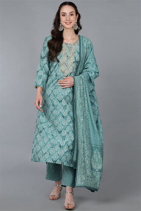 Sea Green Silk Blend Ombre Straight Kurta Trousers With Dupatta VKSKD1 ...