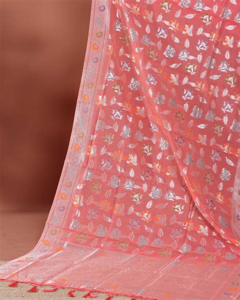 Floral Woven Rainbow Cotton Saree with Subtle Zari Accents - Peach