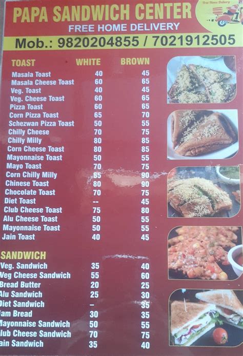 Menu at Papa Sandwich Center, Thane