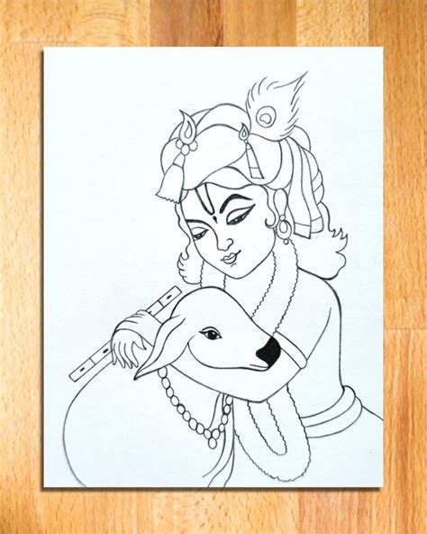 Shri Krishna and Cow drawing step by step and easy | Krishna Thakur line art | Easy drawings ...