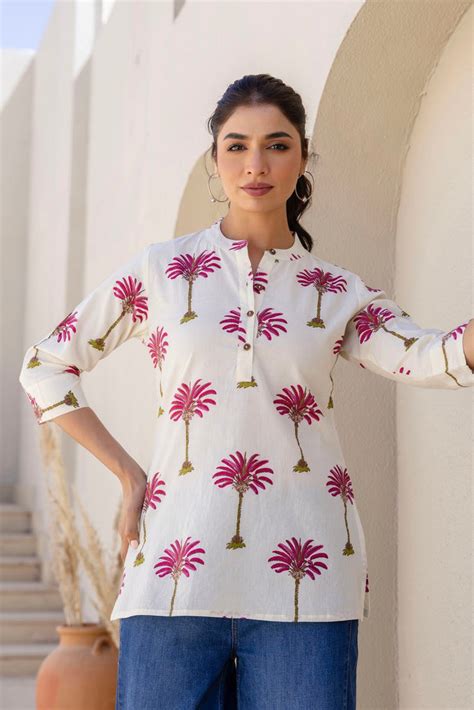 Buy Cream Palm Print Cotton Kurti for Women | Kohsh