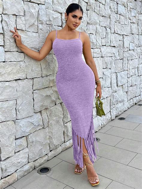 SHEIN SXY Sleeveless Spaghetti Strap Fringed Hem Bodycon Dress | SHEIN USA