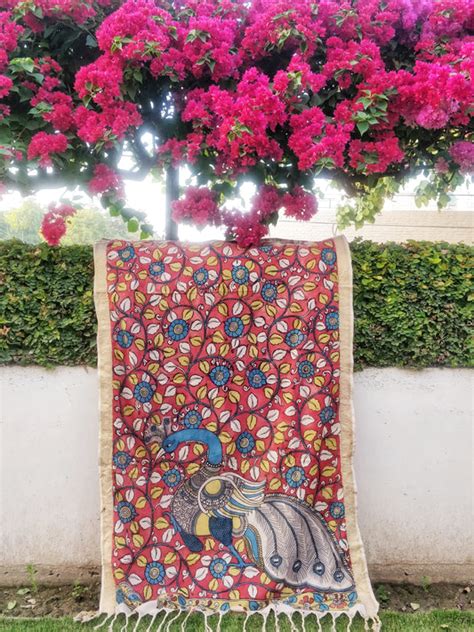 Handpainted Srikalahasti Kalamkari Cotton Dupatta with Zari Border ...