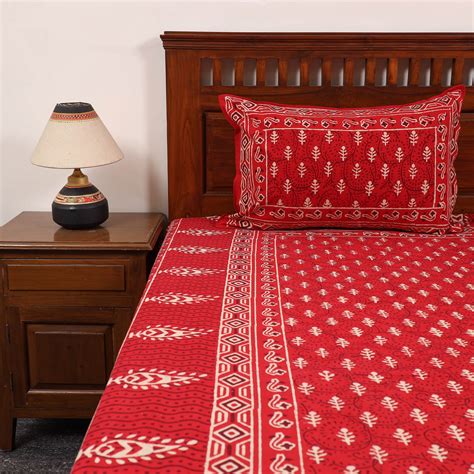 Red Pure Cotton Double Bagru Print Bed Cover Set