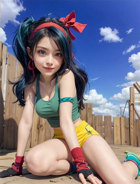 A close up of a woman in a green top and yellow shorts - SeaArt AI