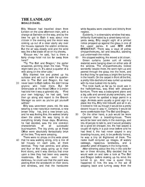 The Landlady - Roald Dahl - THE LANDLADY ROALD DAHL Billy Weaver had travelled down from London ...