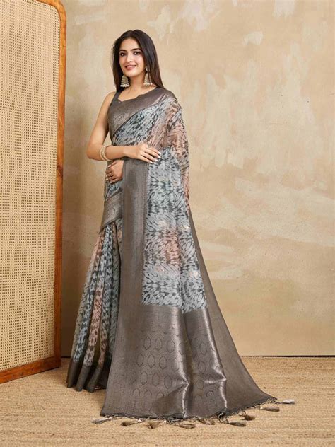 Buy Grey Pure Cotton Tie And Dye Printed Banarasi Rich Pallu Saree With ...