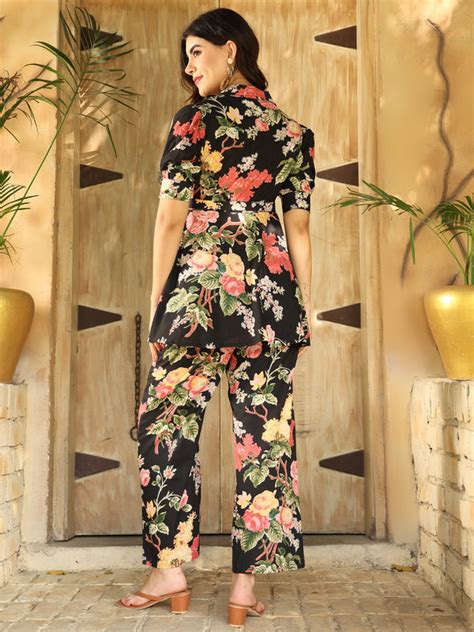 Black Cotton Hip Length Printed Shirt Collar Flared Top Palazzo Set ...