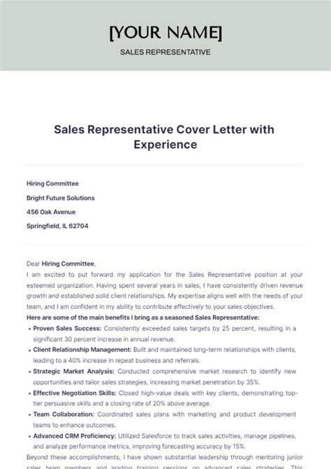 Free Sales Representative Cover Letter with Experience Template to Edit Online
