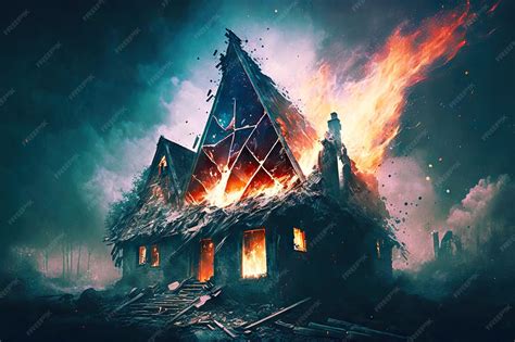 Premium Photo | Crumbling roof and walls burning house during fire disaster