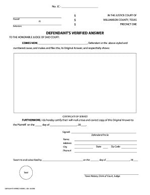 TX Defendants Verified Answer - Williamson County 2009-2026 - Fill and ...