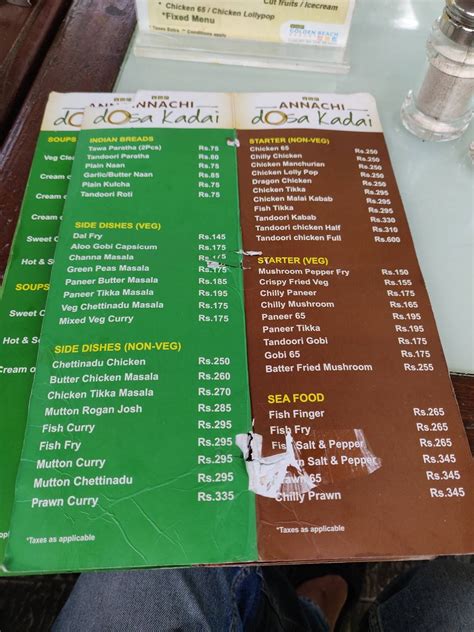 Menu at VGP Annachi Dosa Kadai, Chennai, G P Golden Beach Resort SH 49