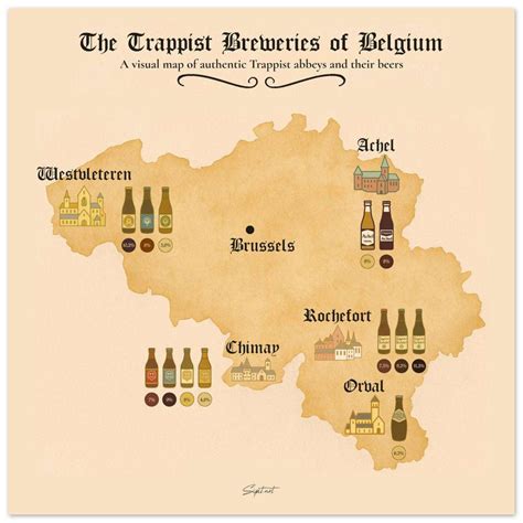 Belgian Trappist Beer Poster with breweries beers map Belgium
