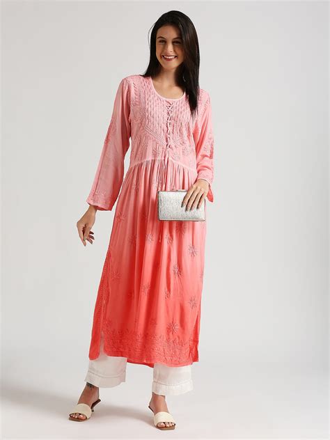 Lucknow Chikankari Hand Embroidered Ombre Nyra cut Kurta – Indiankala4u