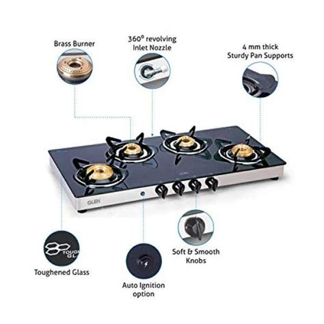 Glen 4 Burner Glass LPG Stove 1044 XL Glass Top High Flame Brass Burner ...