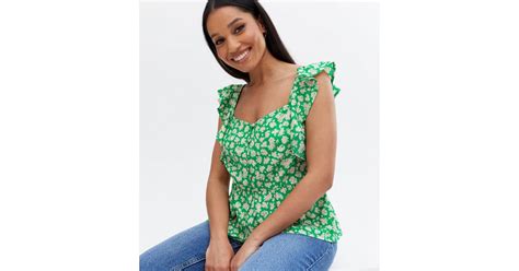 Petite Green Floral Crepe Frill Button Peplum Top | New Look