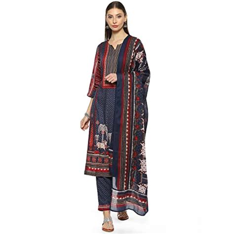 Buy BIBA Women's Indigo & Red Rayon Straight Kurta Pant Suit Set at ...