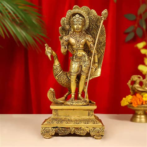12" Brass Lord Murugan Idol (Kartikeya) Standing On Pedestal With Peac ...