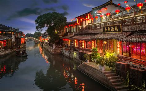 Download wallpaper the city, boat, home, the evening, lighting, China ...