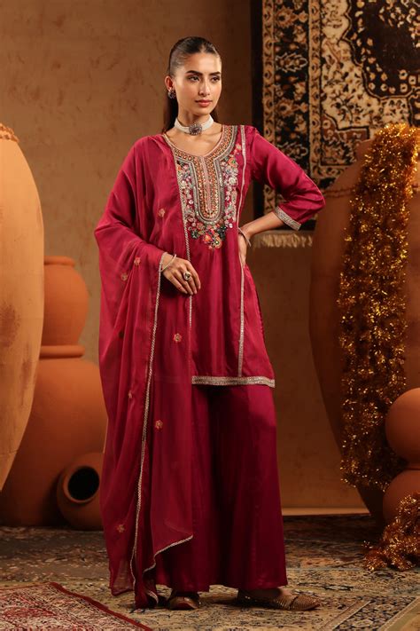 Wine Russian Silk Embroidered Sharara Suit Set – SCAKHI