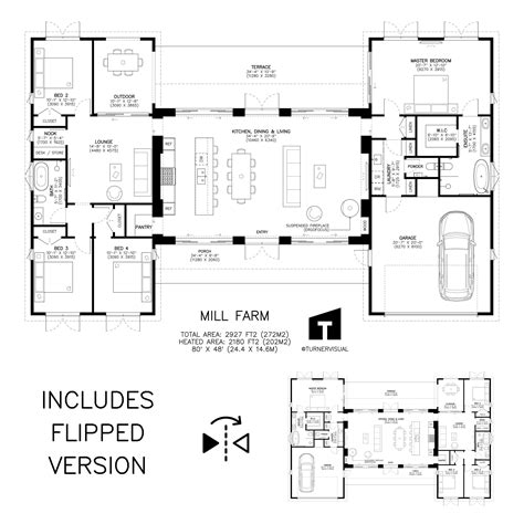 Mill Farm House Plans - 4 Bedroom, 2.5 Bath Rustic Barn Farmhouse ...