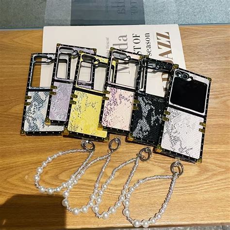 Luxury Snake Skin Samsung Galaxy Z Flip Case With Gold Frame and Pearl ...
