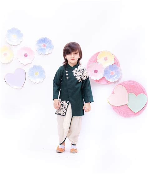 Pick Bottle Green Embroidery Achkan with Dhoti for Boys Online – FayonKids