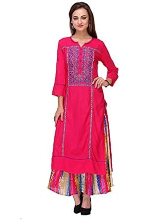 Buy Riti Riwaz Flex Rayon Embroidered Pink Round Neck 3/4 Sleeve Kurta ...