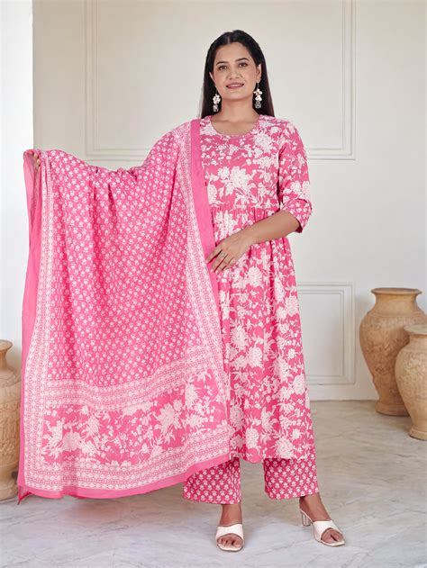 Buy Pink Floral A-line Soft Cotton Kurta Set TP8456T | Aramya