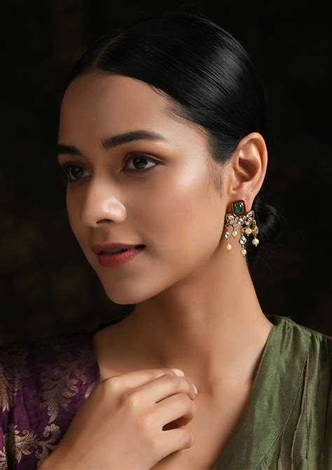 Red Meenakari Half Moon Earrings With Gold Plating – Vamika Silver, Jaipur