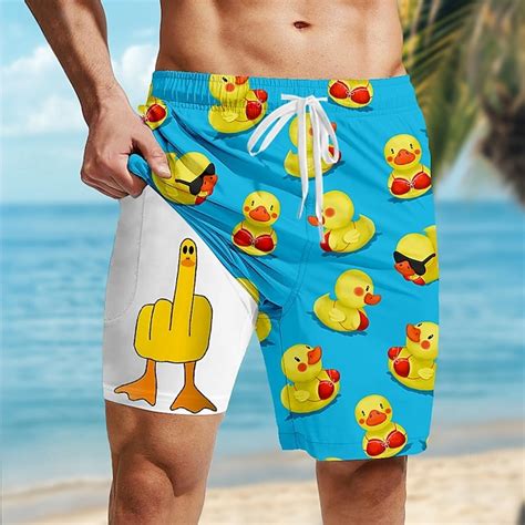 Men's Little Yellow Duck Funny Lined Shorts 2 in 1 Board Shorts Swim ...