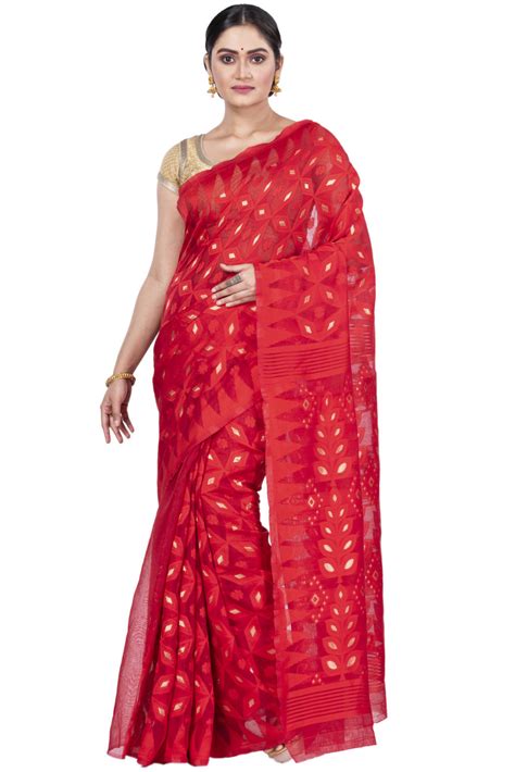 Red Pure Cotton Minakari_Jmdni Jamdani Saree (696 )