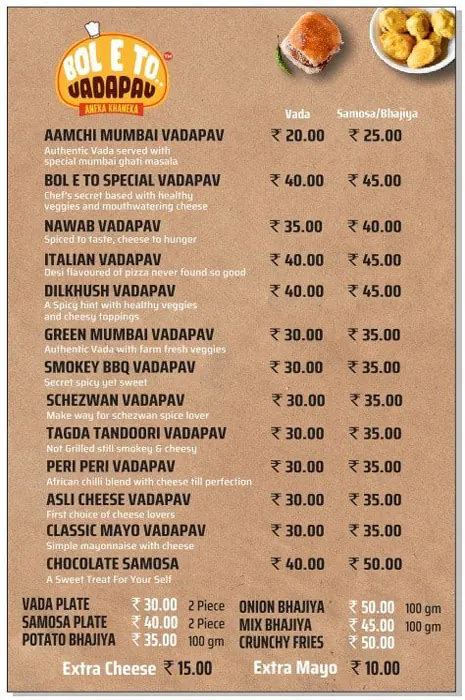 Menu at Boleto Vadapav, Gandhinagar