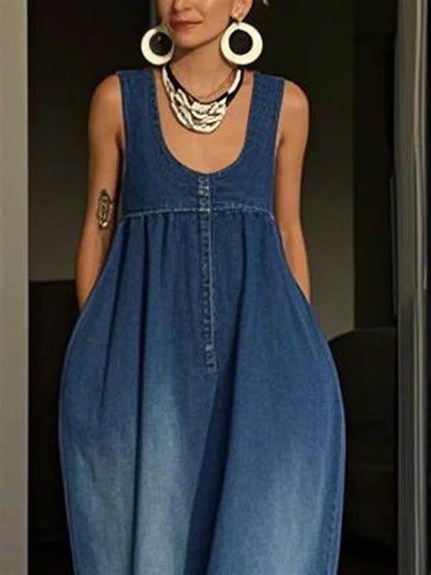 Casual Plain Distressing U-Neck Denim Maxi Dress | stylewe