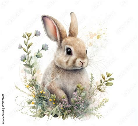 Cute illustration with easter bunny, realistic drawing of a rabbit in ...