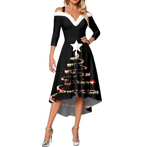 Cnbwig Women's Christmas Dresses Xmas Printed Elegant Off Shoulder ...