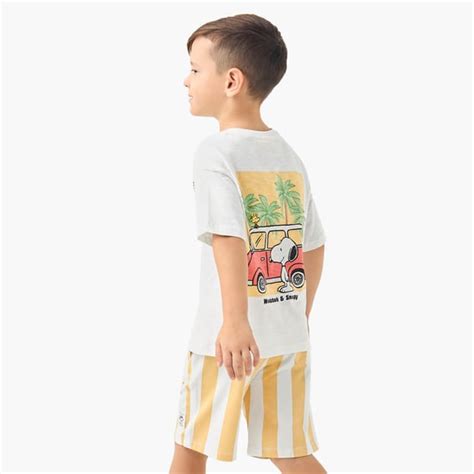 Juniors Snoopy Print Crew Neck T-shirt and Elasticated Shorts Set