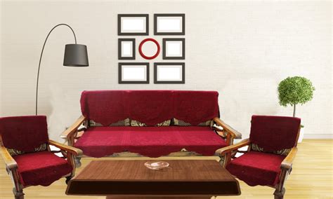 Home Sajawat 5 Seater Cotton Sofa & Chair Cover Set - Maroon Embossed ...