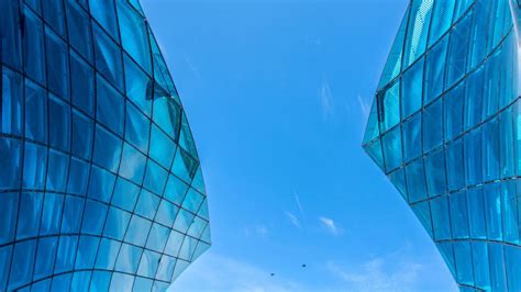Wallpaper building, bottom view, architecture, glass, sky, blue hd ...