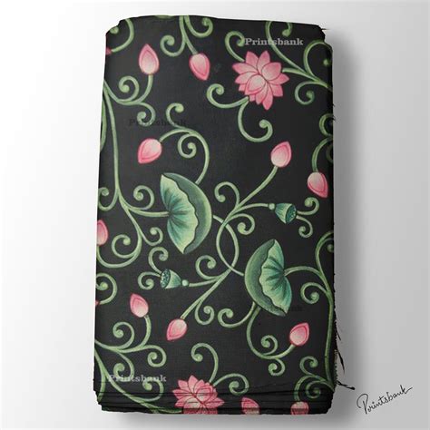 Black Green Pink Lotus Floral Pichwai Digital Printed Fabric Material ...