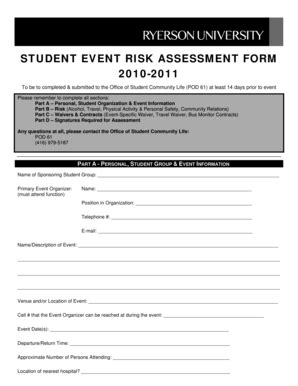 Fillable Online ryerson Student event risk assessment form 2010-2011 ...