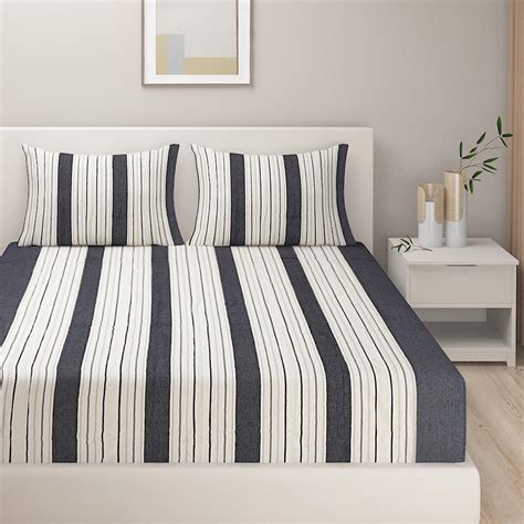 Buy SWAYAM Monochrome Elegance Yarn-Dyed Striped Queen Bedsheet Set ...