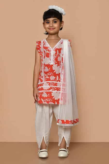 Buy Red Cotton, Chiffon Lace Flower Print Kurta Set For Girls by ...