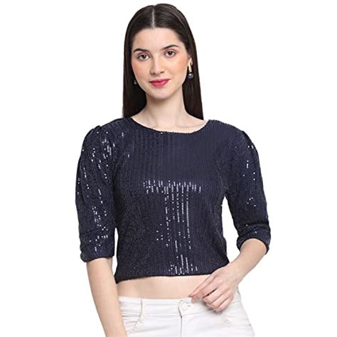 Buy DIMPY GARMENTS Round Neck Women Sequin Top (Small, Navy) at Amazon.in