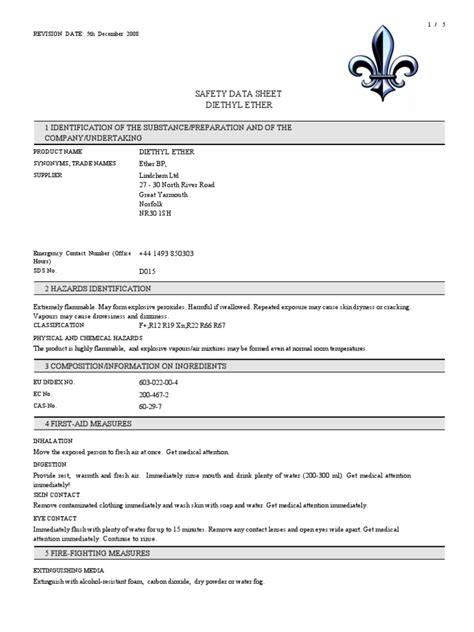 Diethyl Ether Msds | Chemistry | Materials