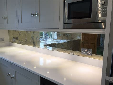 Silver Antique effect mirrored glass kitchen splashback. | Kitchen ...