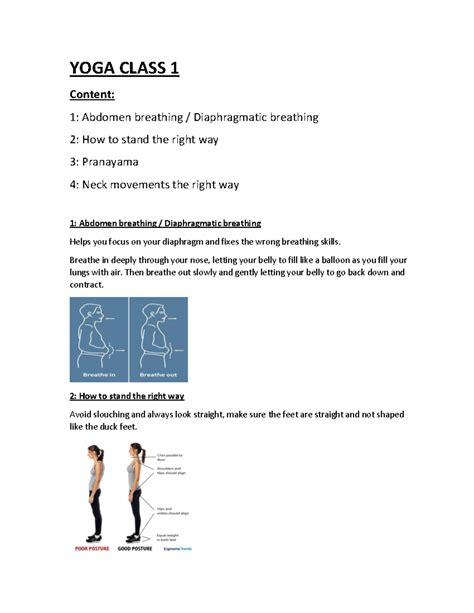 Yoga notes 1 - YOGA CLASS 1 Content: 1: Abdomen breathing ...