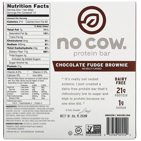 No Cow, Protein Bar, Chocolate Fudge Brownie, 12 Bars, 2.12 oz (60 g ...